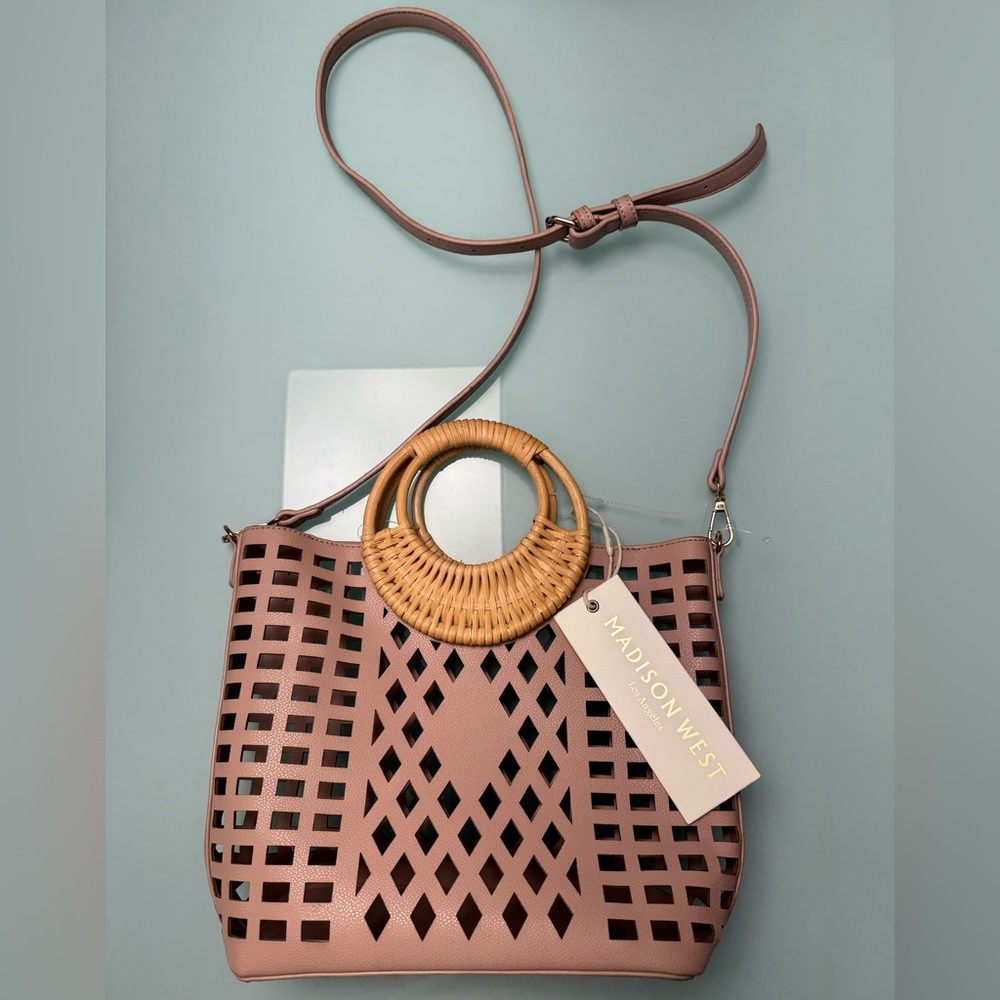 NWT Madison West Blush Laser-Cut Tote Bag with Rattan Handles